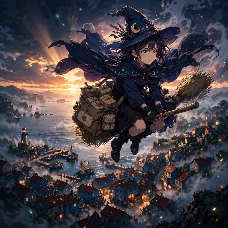 a young witch on a broomstick delivering parcels over a seaside town at sunrise, Classic anime key-visual style, cel-shaded with vibrant colors