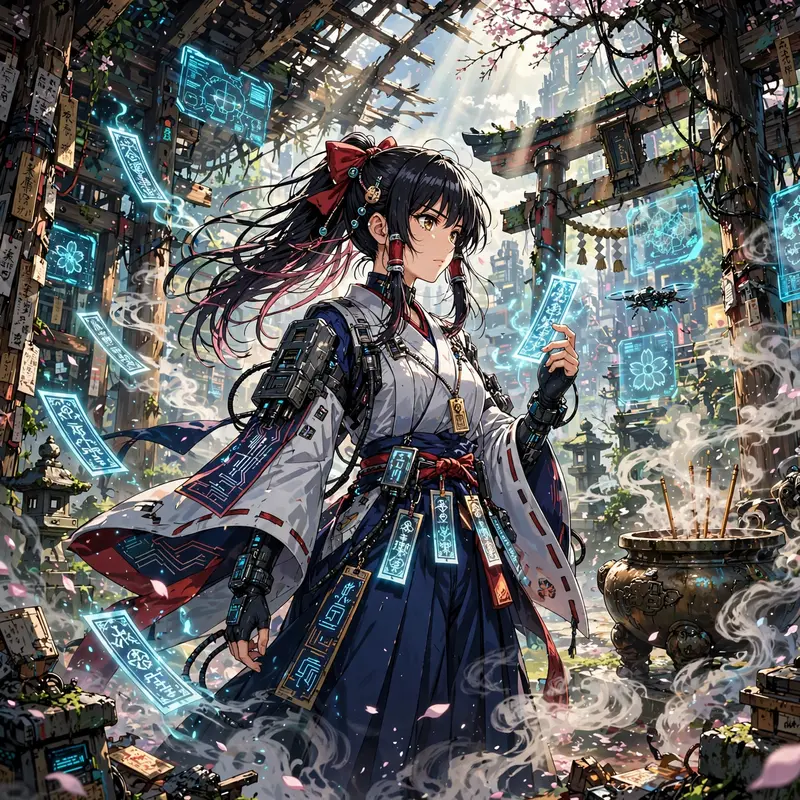 a shrine maiden with glowing talismans in a cyberpunk temple, incense smoke and holograms, Classic anime key-visual style, cel-shaded with vibrant