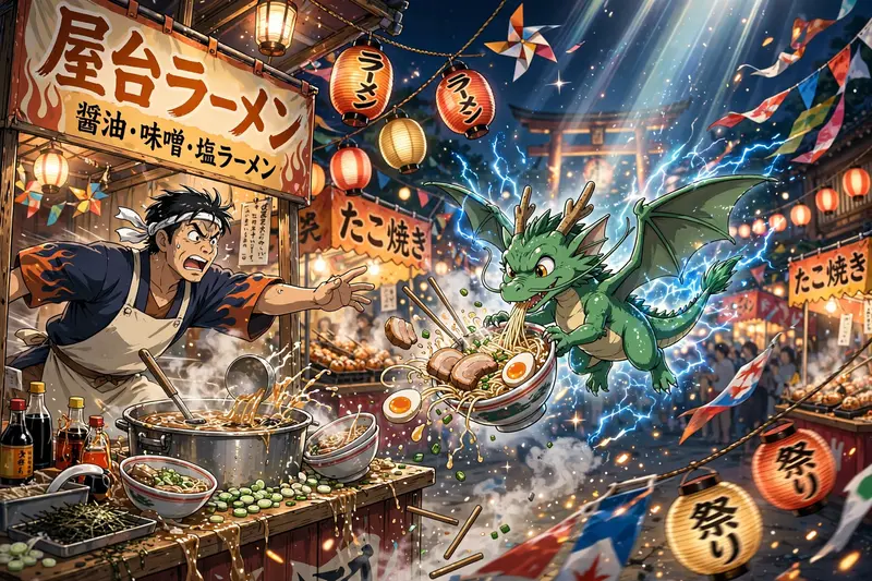 a tiny dragon stealing a bowl of ramen from a festival stall, vendor chasing, lanterns swaying, Classic anime key-visual style, cel-shaded with