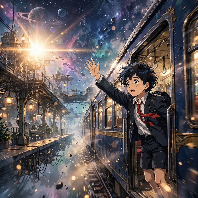 a boy waving goodbye from the last train leaving a floating station among the stars, Classic anime key-visual style, cel-shaded with vibrant colors
