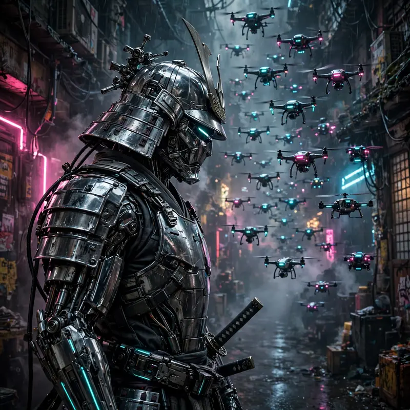 a cybernetic samurai with chrome plating facing a drone swarm in a neon alley, Gritty cyberpunk concept art, cinematic. Dramatic low-key lighting
