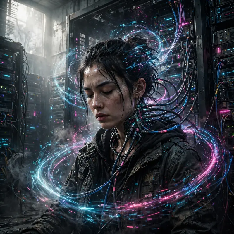 a hacker jacked into a mainframe, cables in her neck, data streams swirling around a dark server room, Gritty cyberpunk concept art, cinematic. Soft