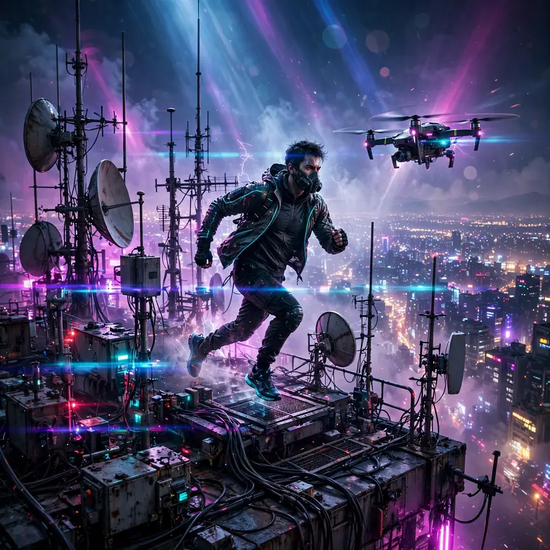 a runner on a rooftop antenna array, city lights sprawling below, a drone hovering close, Gritty cyberpunk concept art, cinematic. Ethereal