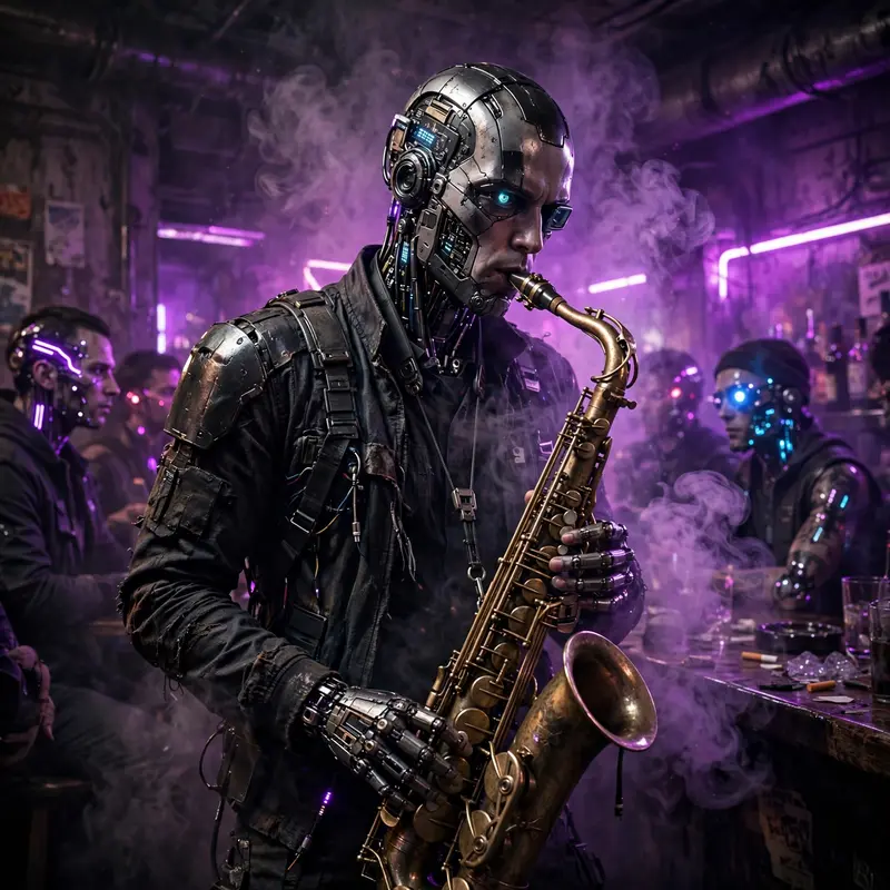 an android saxophonist in a smoky underground bar, purple neon, patrons with glowing implants, Gritty cyberpunk concept art, cinematic. Harsh direct