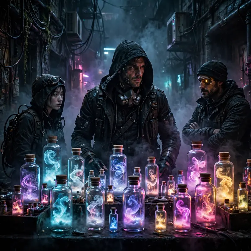 a black-market memory dealer in a back alley, vials of glowing memories, wary customers, Gritty cyberpunk concept art, cinematic. Dramatic low-key