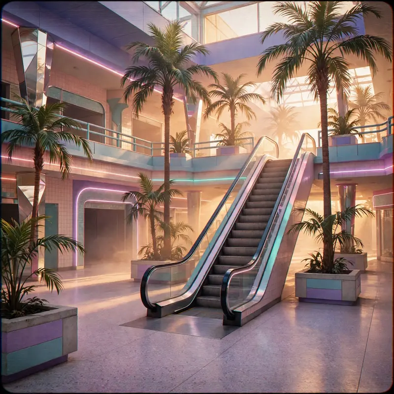an empty 80s shopping mall, palm trees inside, pastel neon, a lone escalator running, Vaporwave aesthetic, retro 80s airbrush, pastel