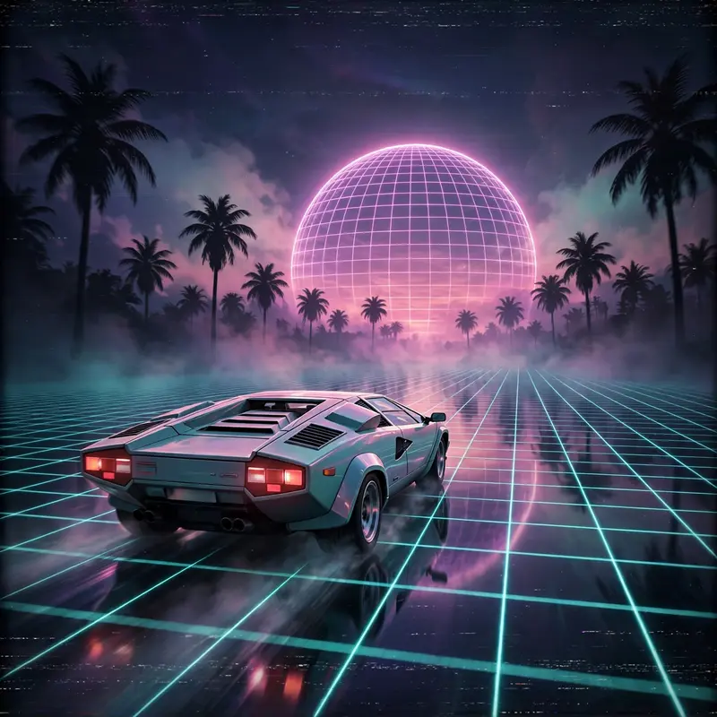 a retro sports car driving into a wireframe sunset, chrome grid floor, palm silhouettes, Vaporwave aesthetic, retro 80s airbrush, pastel