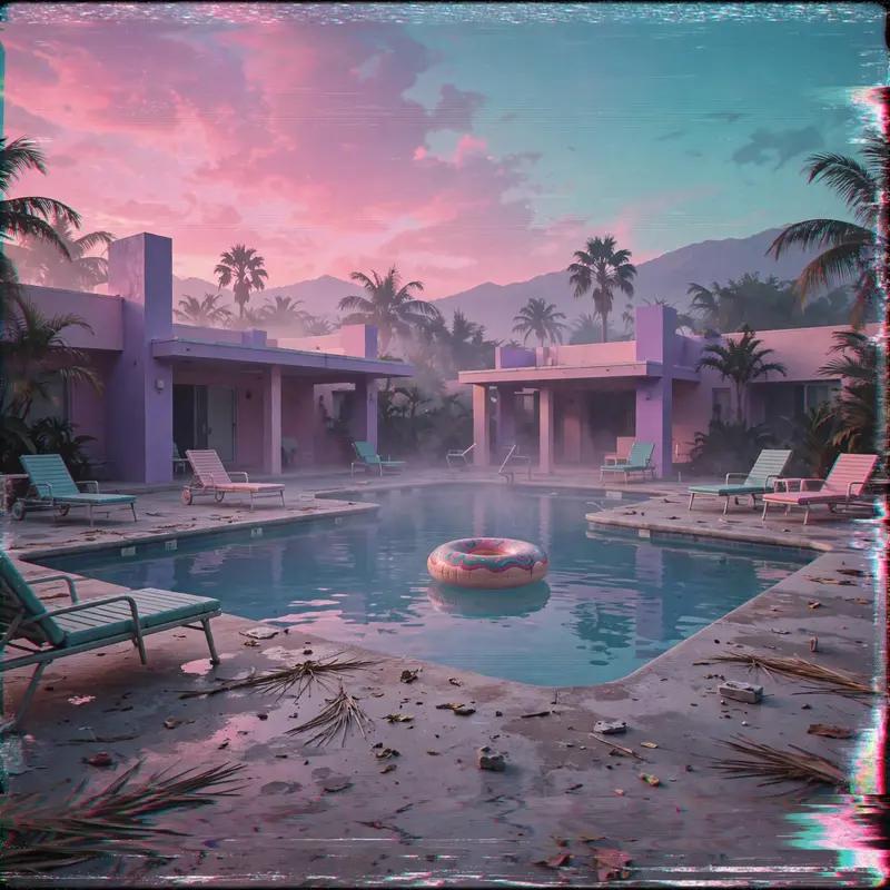 an empty resort pool at dusk, pink and teal gradient sky, a floating inflatable, Vaporwave aesthetic, retro 80s airbrush, pastel pink-teal-purple