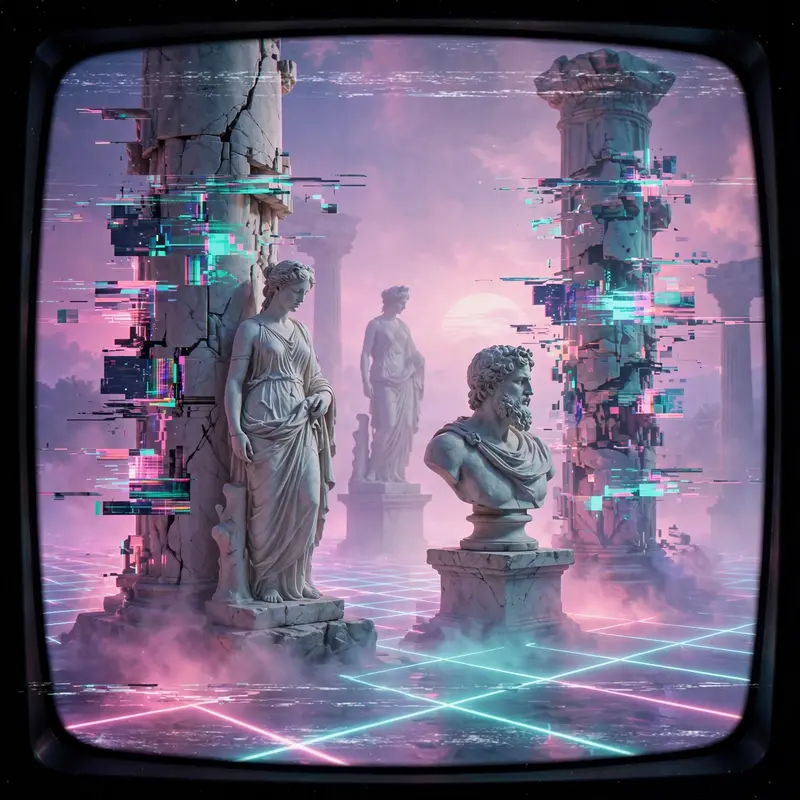 classical marble statues among glitching pillars, VHS tracking lines, pastel haze, Vaporwave aesthetic, retro 80s airbrush, pastel pink-teal-purple