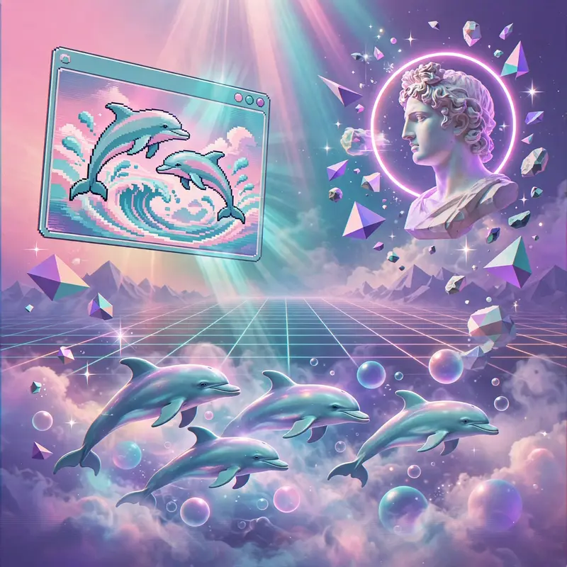 a collage of 90s computer windows, dolphins, and Greek busts floating in gradient space, Vaporwave aesthetic, retro 80s airbrush, pastel