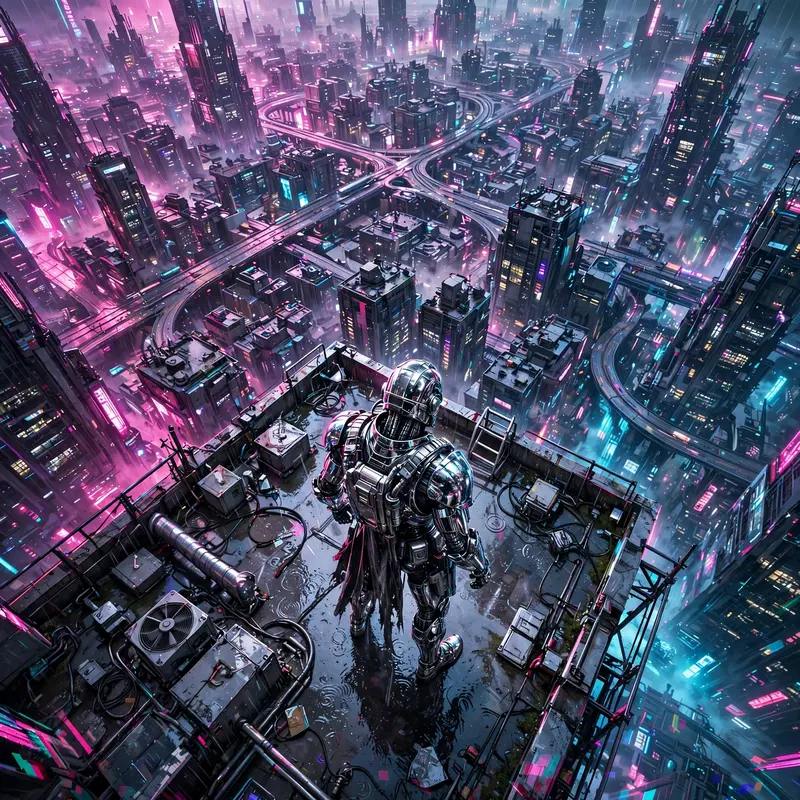 Sweeping dark tech-noir illustration vista featuring a chrome-plated bounty hunter on a rain-slick rooftop against the endless megacity. Harsh