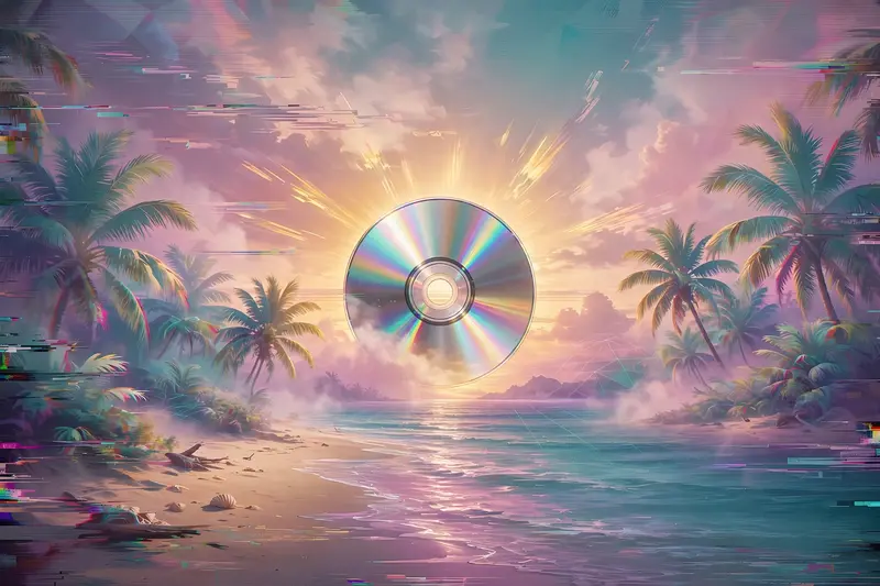 a tropical beach with scanlines and chromatic aberration, a sun that is a giant CD, Vaporwave aesthetic, retro 80s airbrush, pastel pink-teal-purple