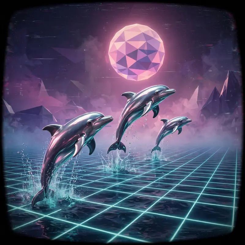 chrome dolphins leaping over a grid ocean under a low-poly sun, Vaporwave aesthetic, retro 80s airbrush, pastel pink-teal-purple palette. Dramatic