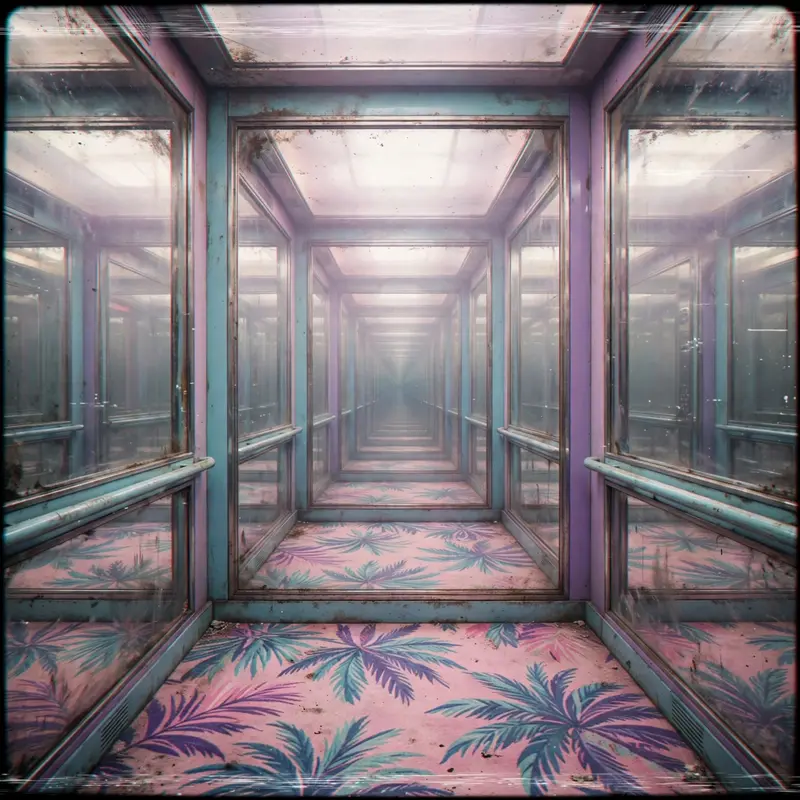 a mirrored elevator interior with palm-print carpet, muzak vibes, endless reflection, Vaporwave aesthetic, retro 80s airbrush, pastel