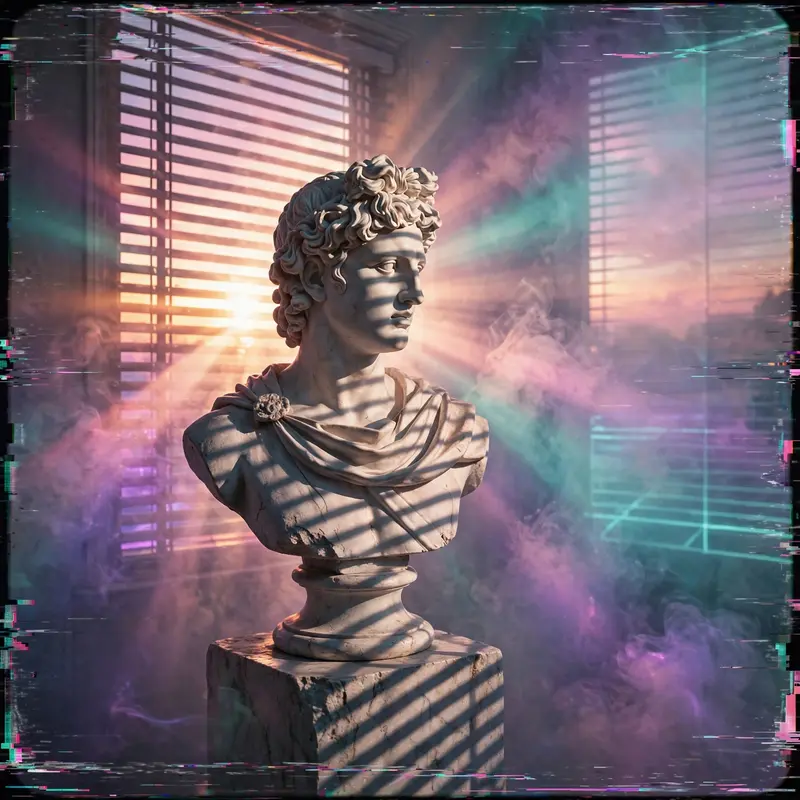 venetian blind shadows over a marble bust, sunset through blinds, lo-fi haze, Vaporwave aesthetic, retro 80s airbrush, pastel pink-teal-purple