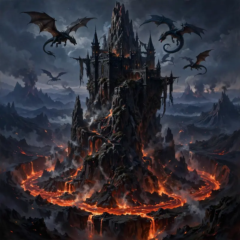 a black fortress on a volcanic spire, dragons circling, lava moat, Epic fantasy digital painting, rich detail, painterly. Dramatic low-key lighting