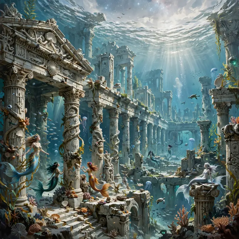 an underwater temple with starlight filtering down, mermaids among marble columns, Epic fantasy digital painting, rich detail, painterly. Soft