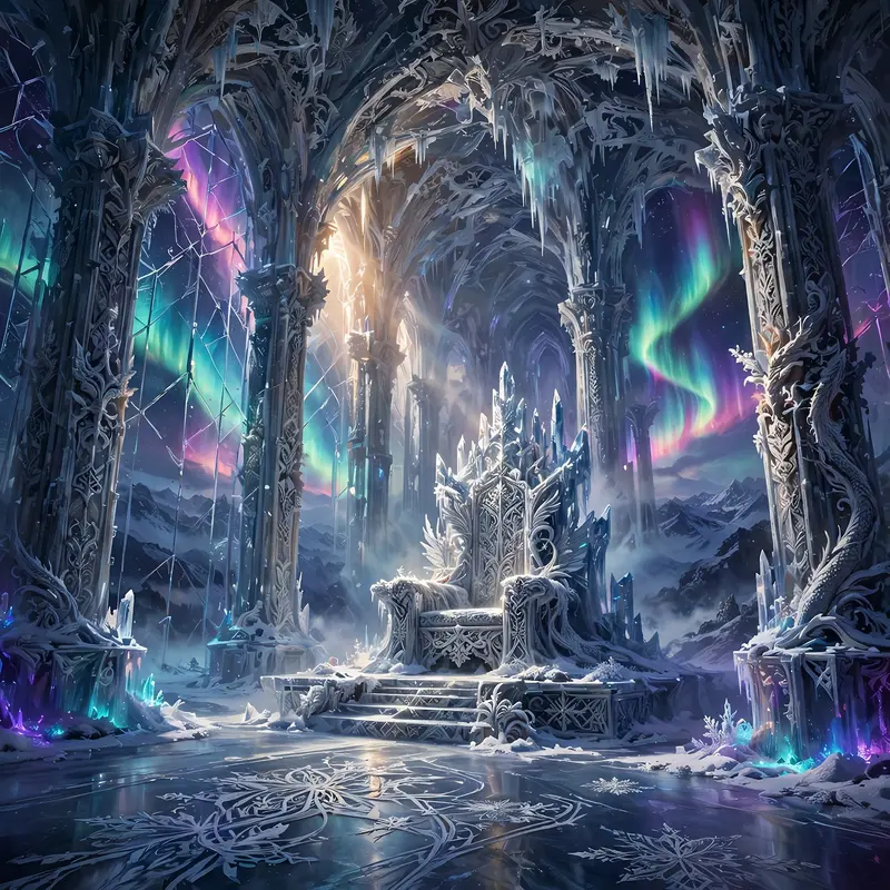 a colossal ice hall, frozen throne, aurora shining through crystal walls, Epic fantasy digital painting, rich detail, painterly. Neon-drenched night