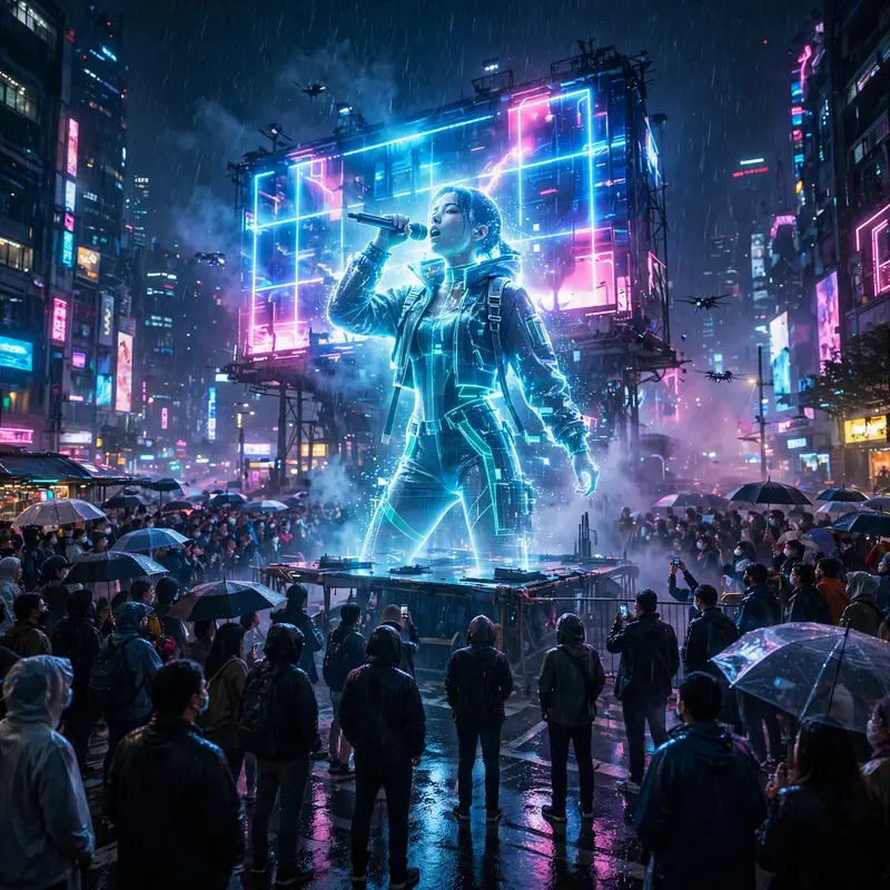 a hologram idol performing to a packed plaza in sci-fi render, rain hammering the neon-drenched streets. Electric billboard backlight carve the