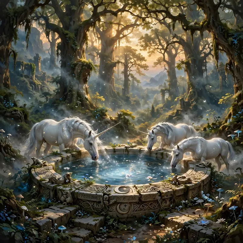 a sacred grove around a glowing moonwell, unicorns drinking, silver mist, Epic fantasy digital painting, rich detail, painterly. Warm golden-hour
