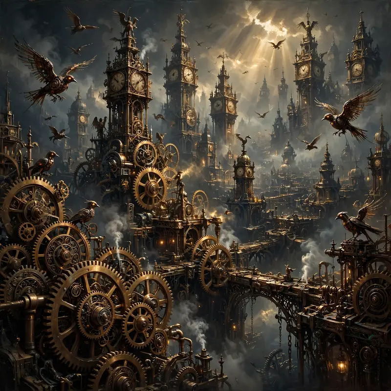 a kingdom of brass gears and clock towers, mechanical birds, steam rising, Epic fantasy digital painting, rich detail, painterly. Dramatic low-key