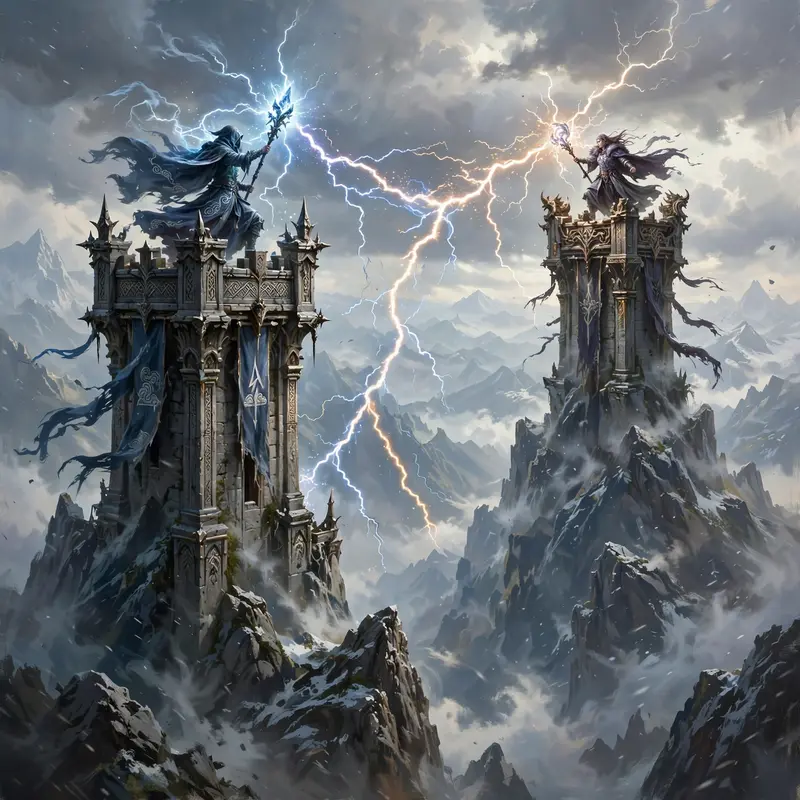 mountain peaks where storm mages duel, lightning forking between towers, Epic fantasy digital painting, rich detail, painterly. Soft diffused