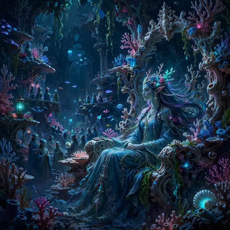 an undersea throne room of living coral, a sea-elf queen, bioluminescent court, Epic fantasy digital painting, rich detail, painterly. Neon-drenched