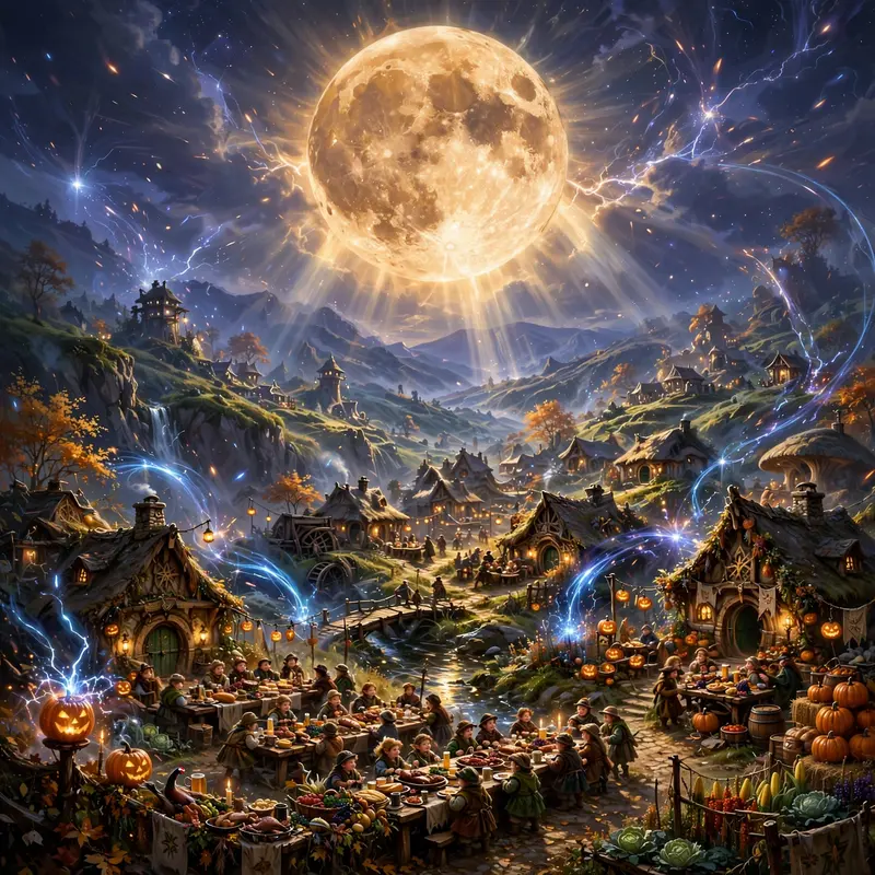 a halfling village under a giant harvest moon, pumpkin lanterns, feast tables, Epic fantasy digital painting, rich detail, painterly. Ethereal