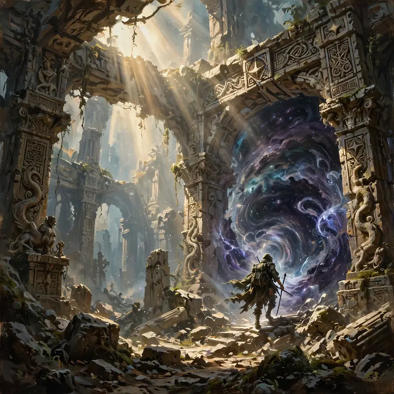 a portal of swirling void energy in ancient ruins, a lone traveler stepping through, Epic fantasy digital painting, rich detail, painterly. Harsh