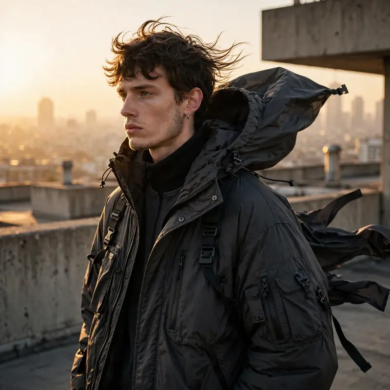 a model in oversized techwear on a brutalist rooftop, wind catching the jacket, city haze, high-fashion streetwear editorial photography, 85mm f/1.4