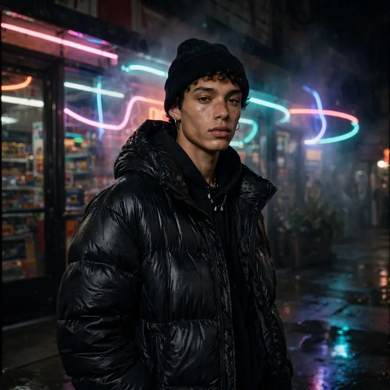 a model in a puffer and beanie outside a neon bodega at night, flash photography, high-fashion streetwear editorial photography, 35mm documentary