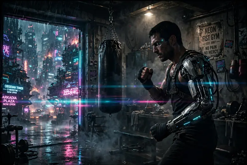 Cinematic frame of a bionic boxer training in a basement gym, rendered in gritty neo-noir cyberpunk style amid towering megacity blocks. Low-key