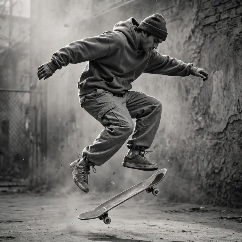 a skater mid-kickflip in baggy cargos and vintage sneakers, golden hour dust, high-fashion streetwear editorial photography, medium format look, Soft