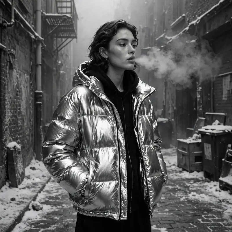a model in a metallic puffer against a snow-dusted alley, breath visible, muted winter light, high-fashion streetwear editorial photography, medium