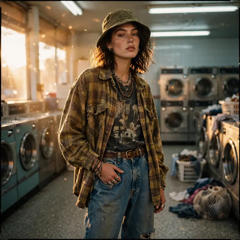 a model in head-to-toe thrifted 90s pieces, laundromat fluorescents, film grain, high-fashion streetwear editorial photography, 85mm f/1.4 shallow