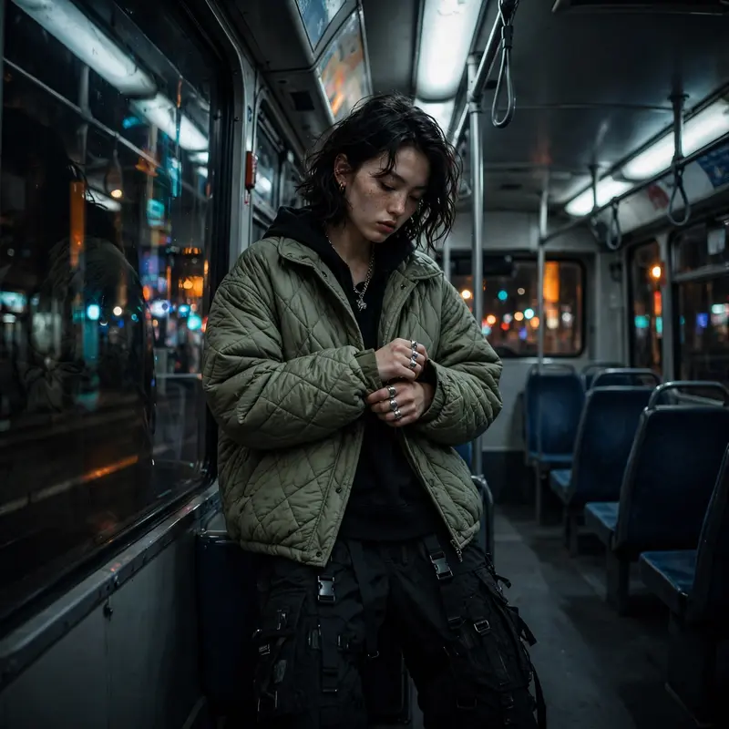 a model doing a fit check on an empty night bus, overhead fluorescents, window reflections, high-fashion streetwear editorial photography, 35mm