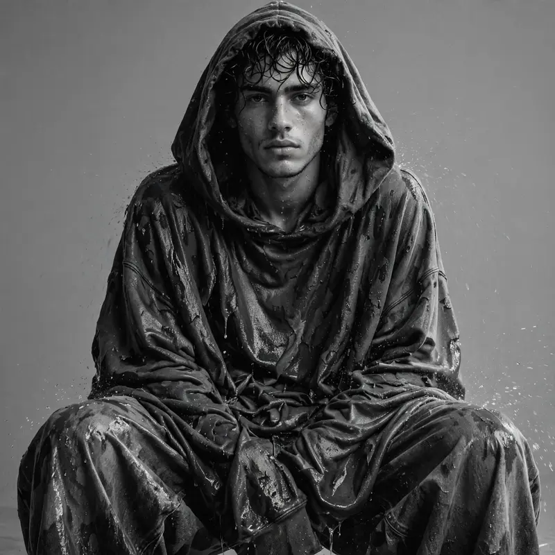 a model drowning in an oversized hoodie and wide jeans, studio backdrop, softbox light, high-fashion streetwear editorial photography, medium format