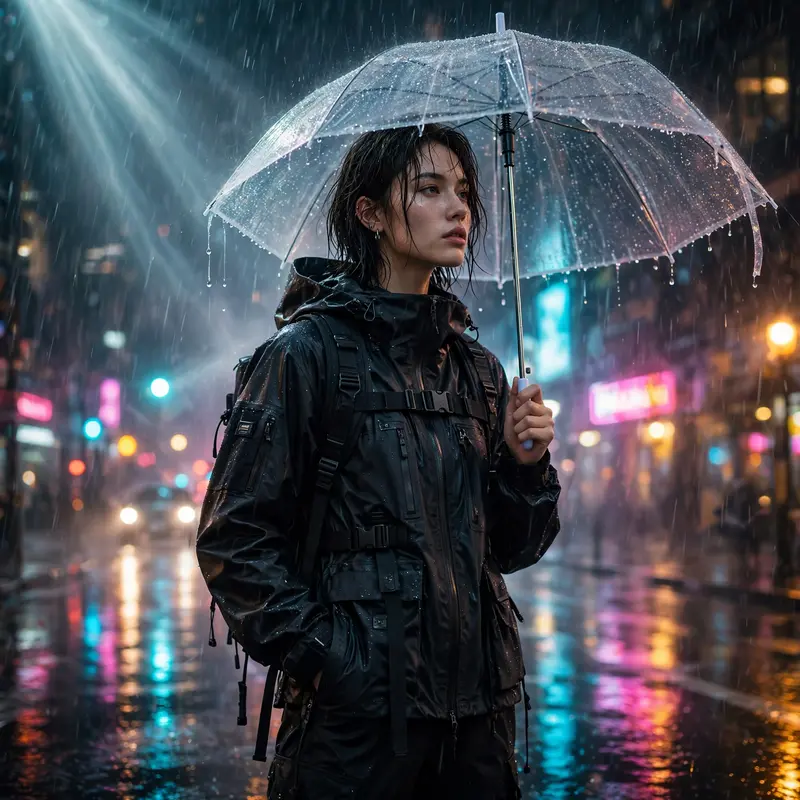 a model in waterproof techwear under a clear umbrella, rain-streaked city, neon reflections, high-fashion streetwear editorial photography, 35mm