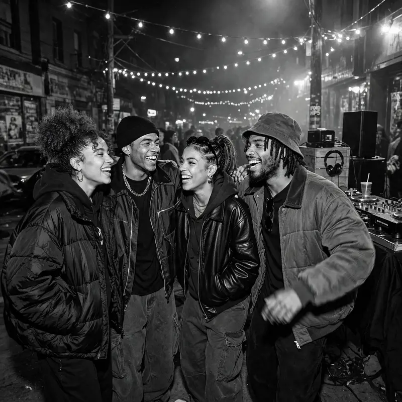 friends in statement streetwear at a block party, DJ booth, string lights, motion energy, high-fashion streetwear editorial photography, medium
