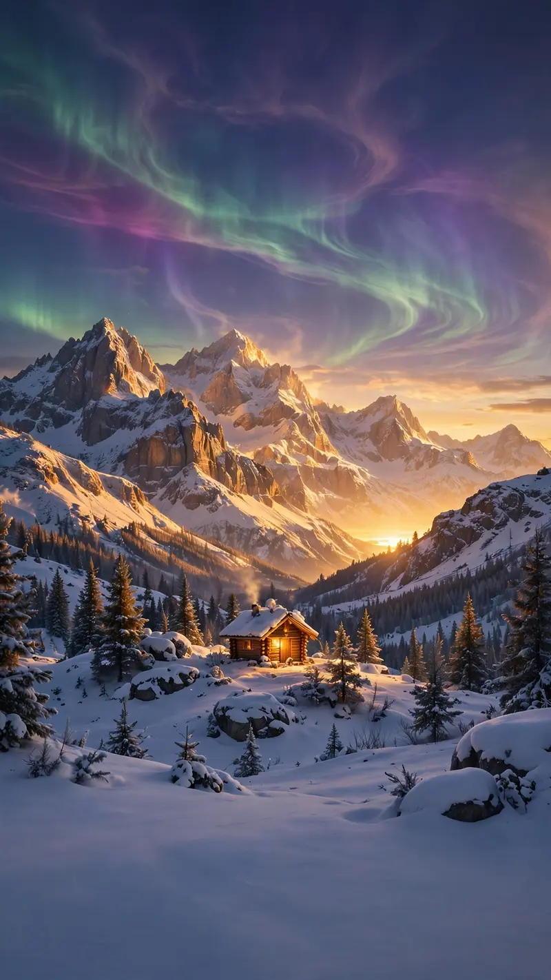 northern lights rippling over snowy peaks, a tiny cabin glowing, vertical composition, vertical 9:16 phone wallpaper composition, subject centered in