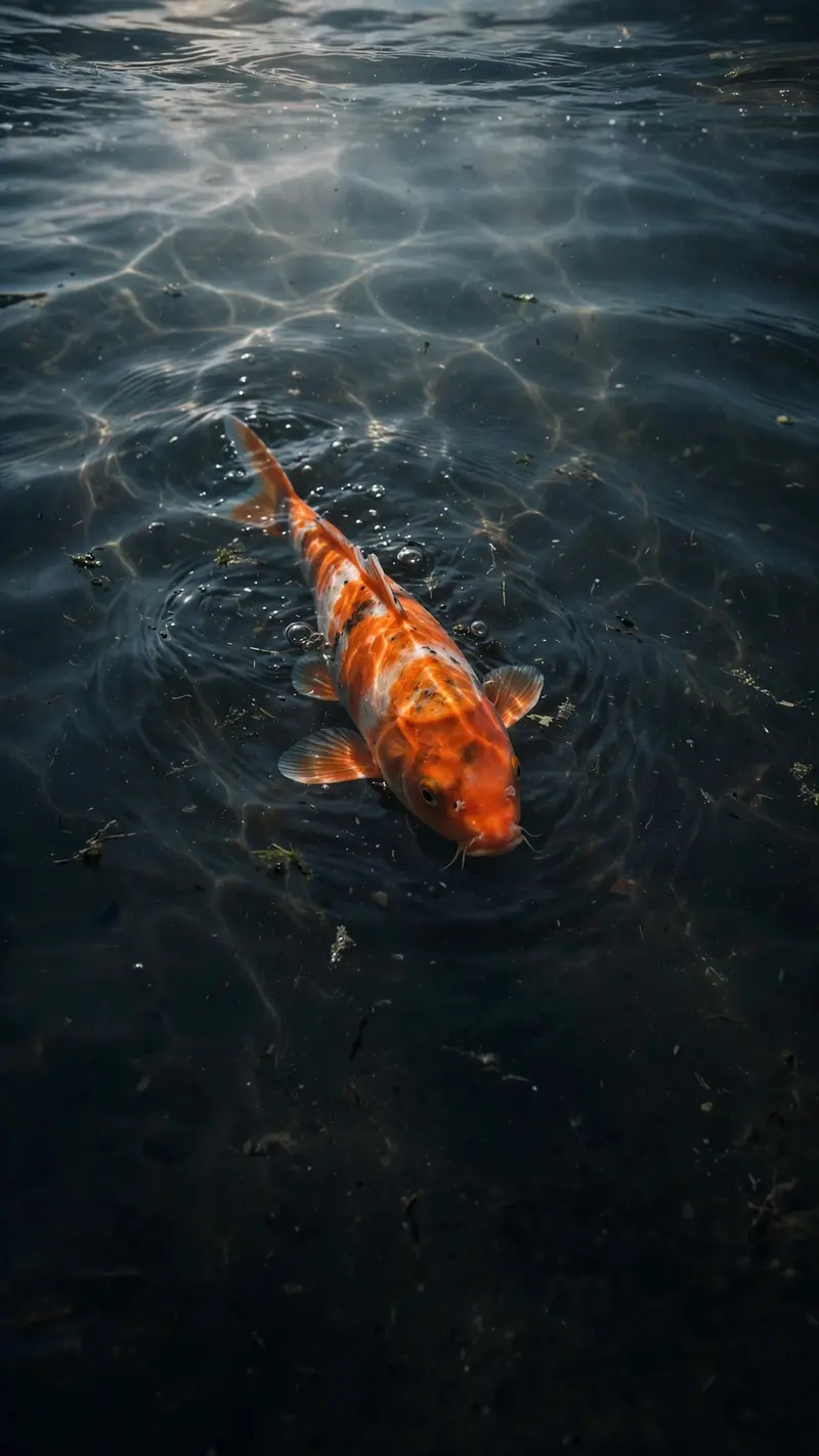 a single orange koi swimming through dark water, ripples of light, vertical, vertical 9:16 phone wallpaper composition, subject centered in the upper