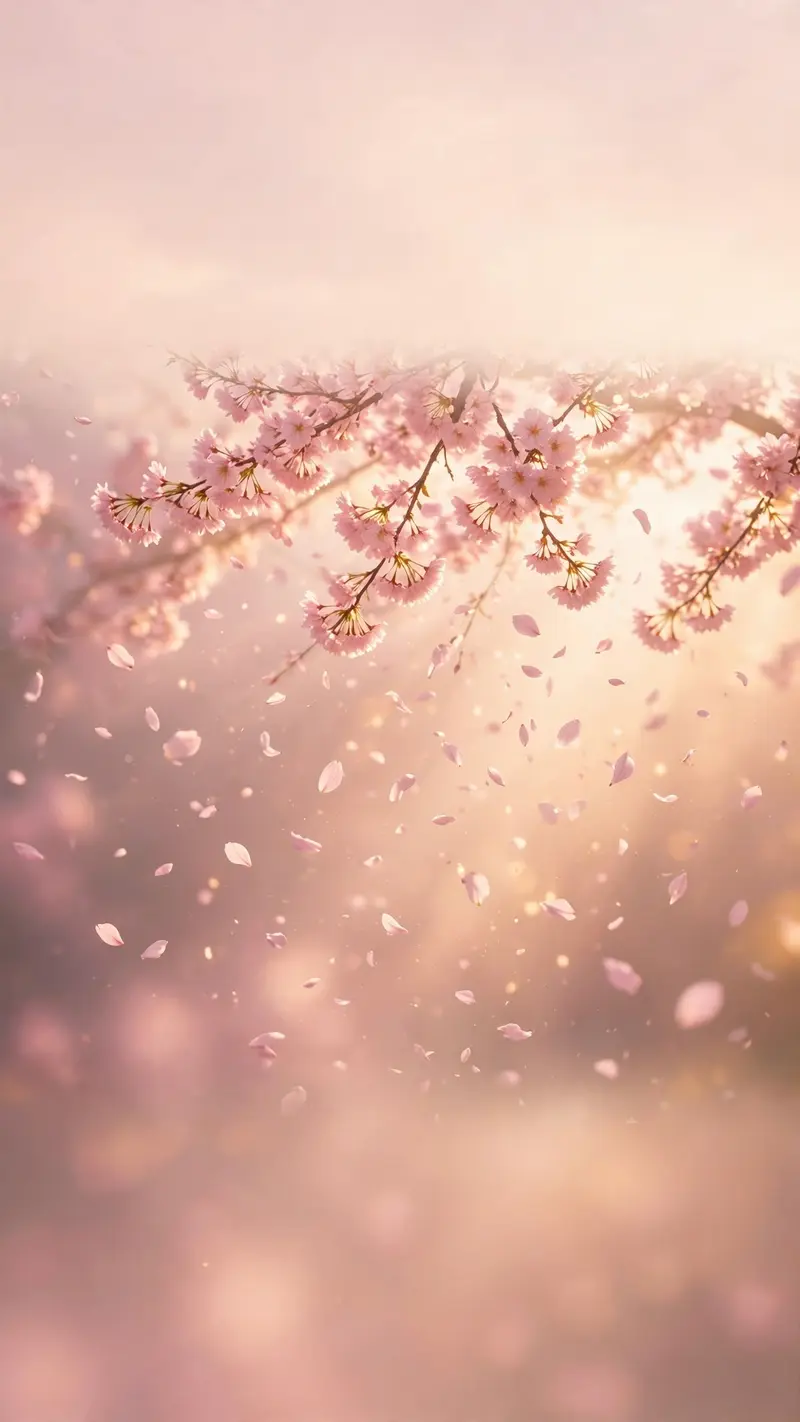 cherry blossom petals falling through soft pink light, dreamy vertical frame, vertical 9:16 phone wallpaper composition, subject centered in the