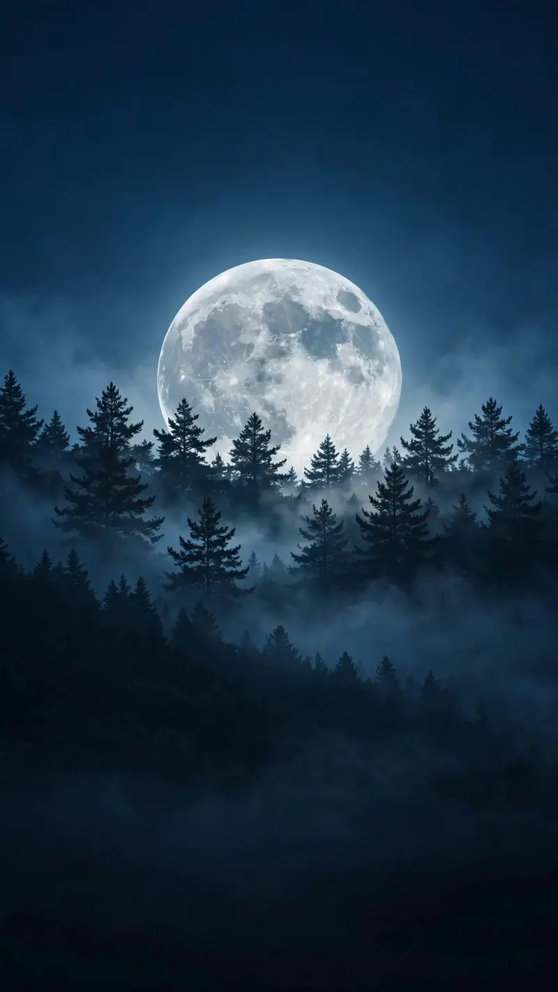 a huge full moon rising behind pine silhouettes, mist, deep blues, vertical 9:16 phone wallpaper composition, subject centered in the upper