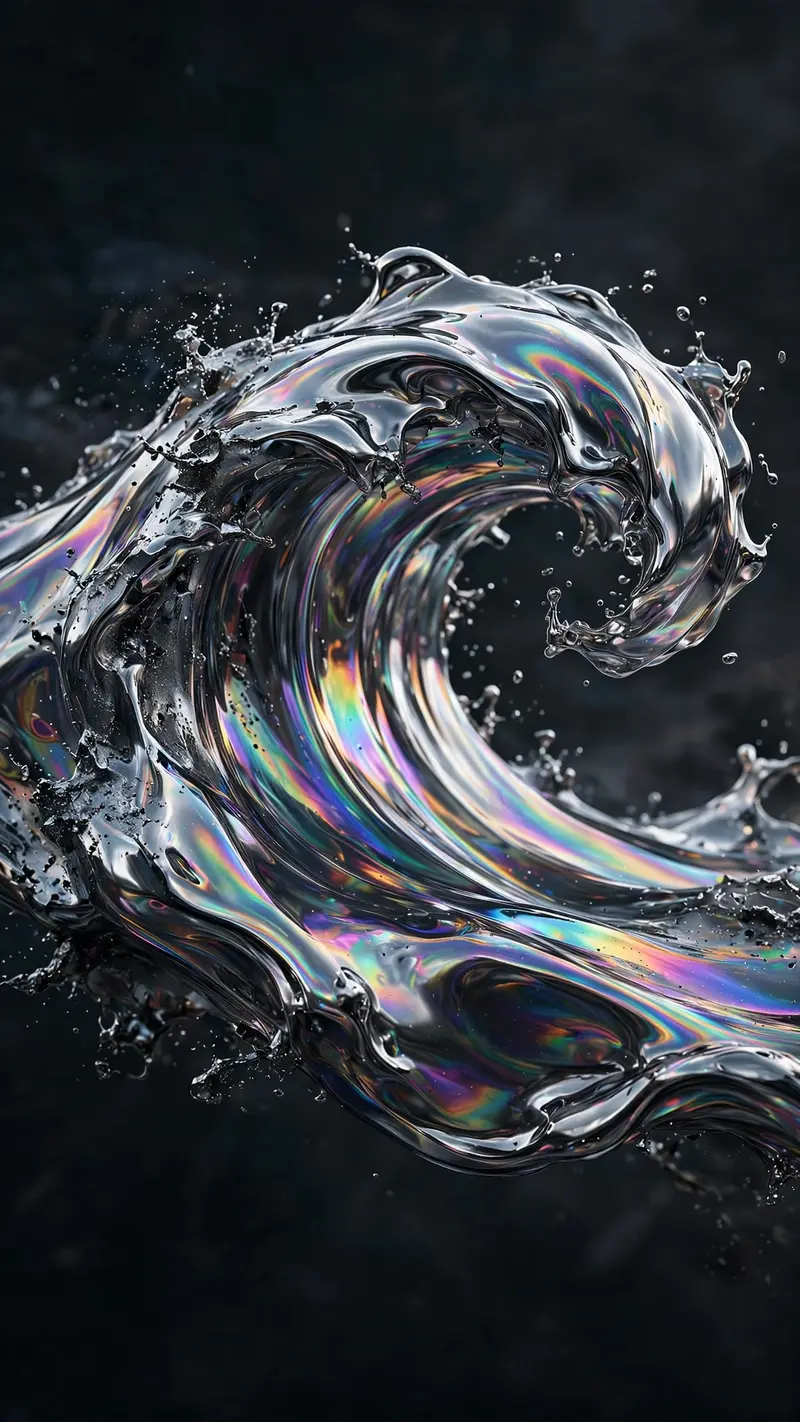 a liquid chrome wave frozen mid-curl, holographic reflections, dark background, vertical 9:16 phone wallpaper composition, subject centered in the