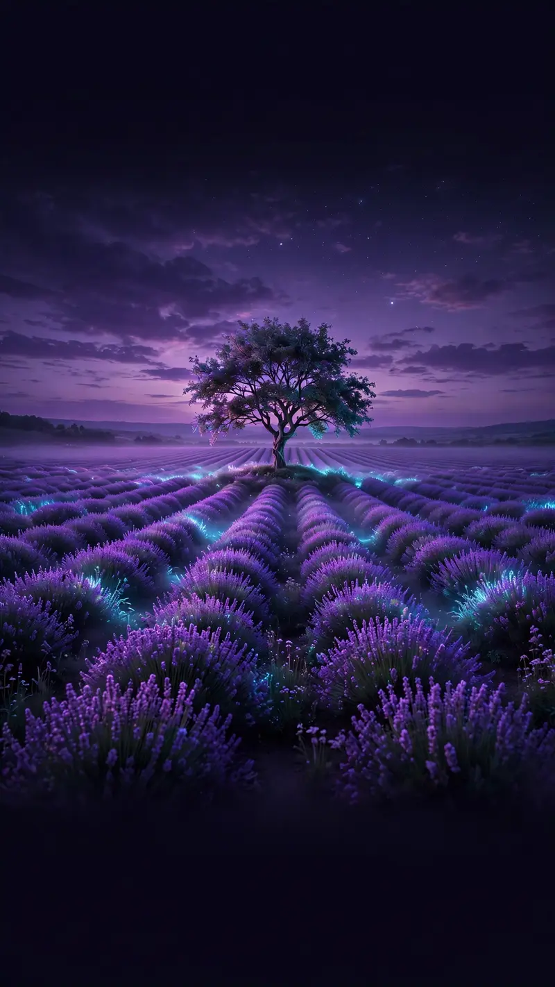 endless lavender rows under a purple dusk sky, a lone tree, vertical, vertical 9:16 phone wallpaper composition, subject centered in the upper