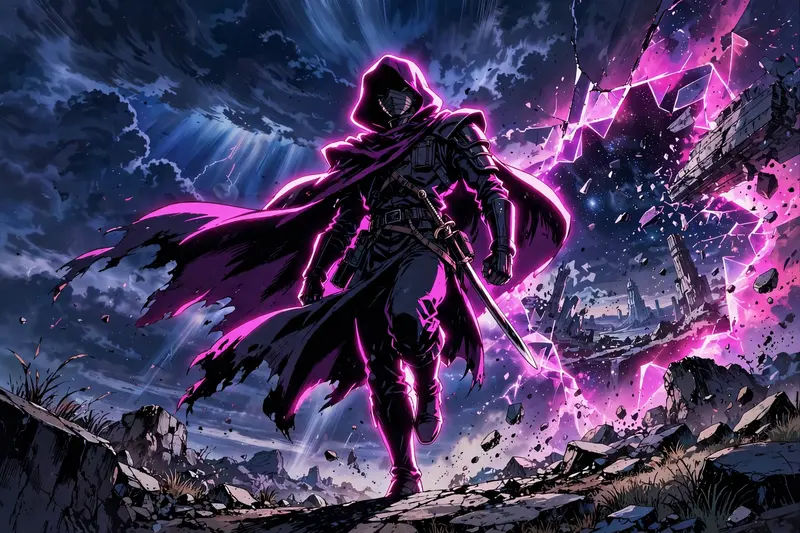 classic 90s anime OVA style illustration of a void walker stepping between worlds, posed heroically against a dramatic sky. Electric magenta key