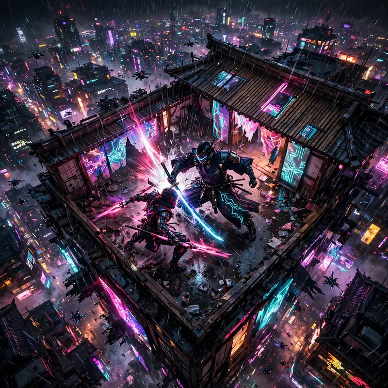 Moody high-contrast digital cyberpunk art scene: a cyber-dojo master mid-duel, the city humming behind them. Strobing club-light bursts cut through