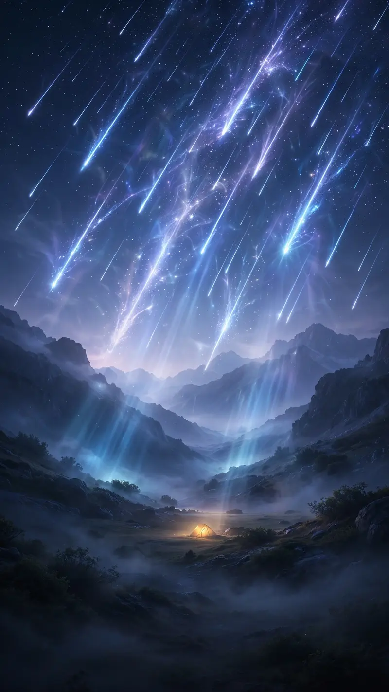 a meteor shower over a mountain valley, a tiny tent glowing, vertical night sky, vertical 9:16 phone wallpaper composition, subject centered in the