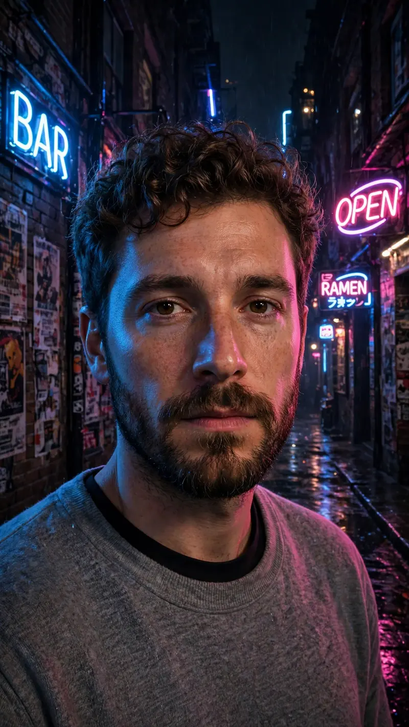 Reference my uploaded photo for my exact face, skin tone, and features. Nothing about my identity should change. Place me in a narrow alley at night