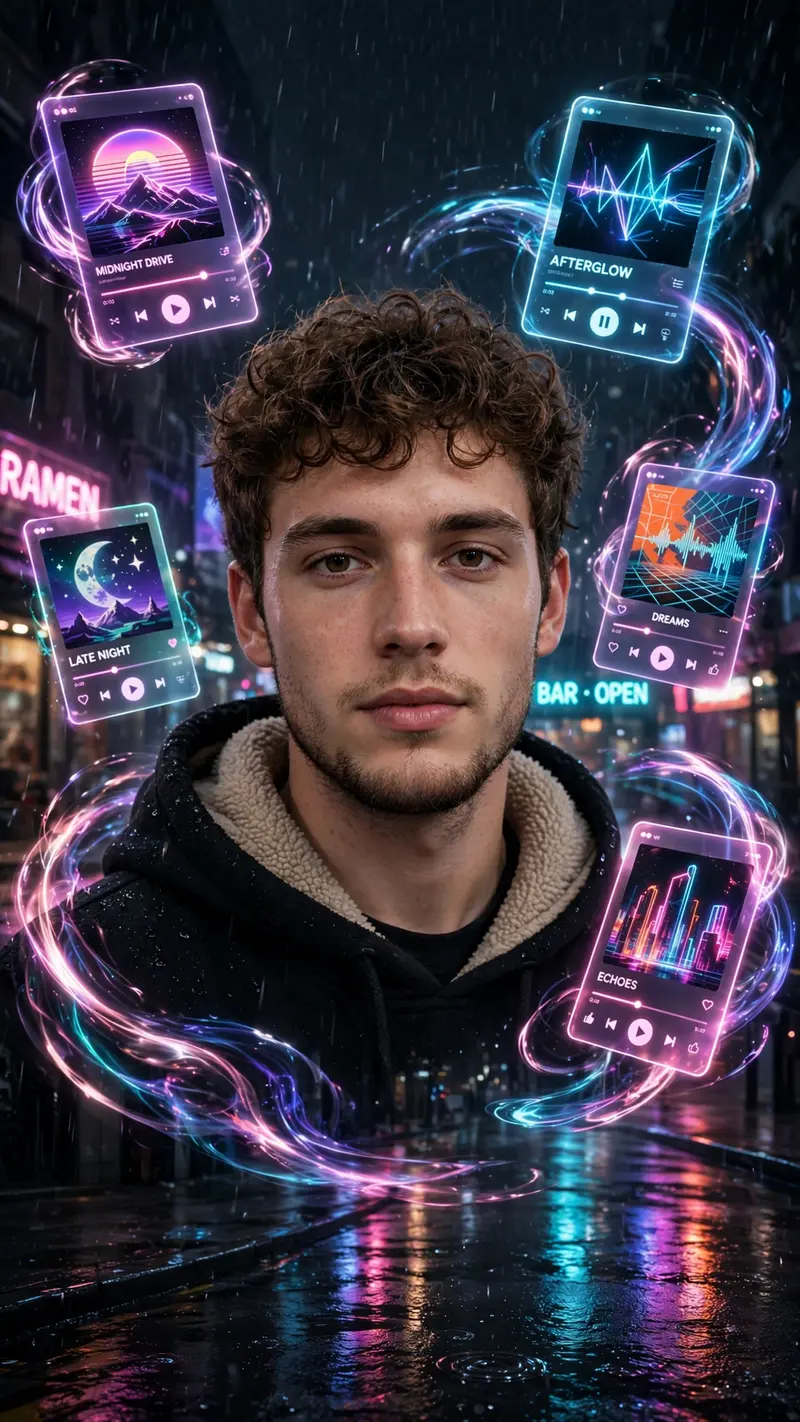 Reference my uploaded photo for the exact face, skin tone, and features. Keep my identity exactly unchanged. Place me on a wet city street at night